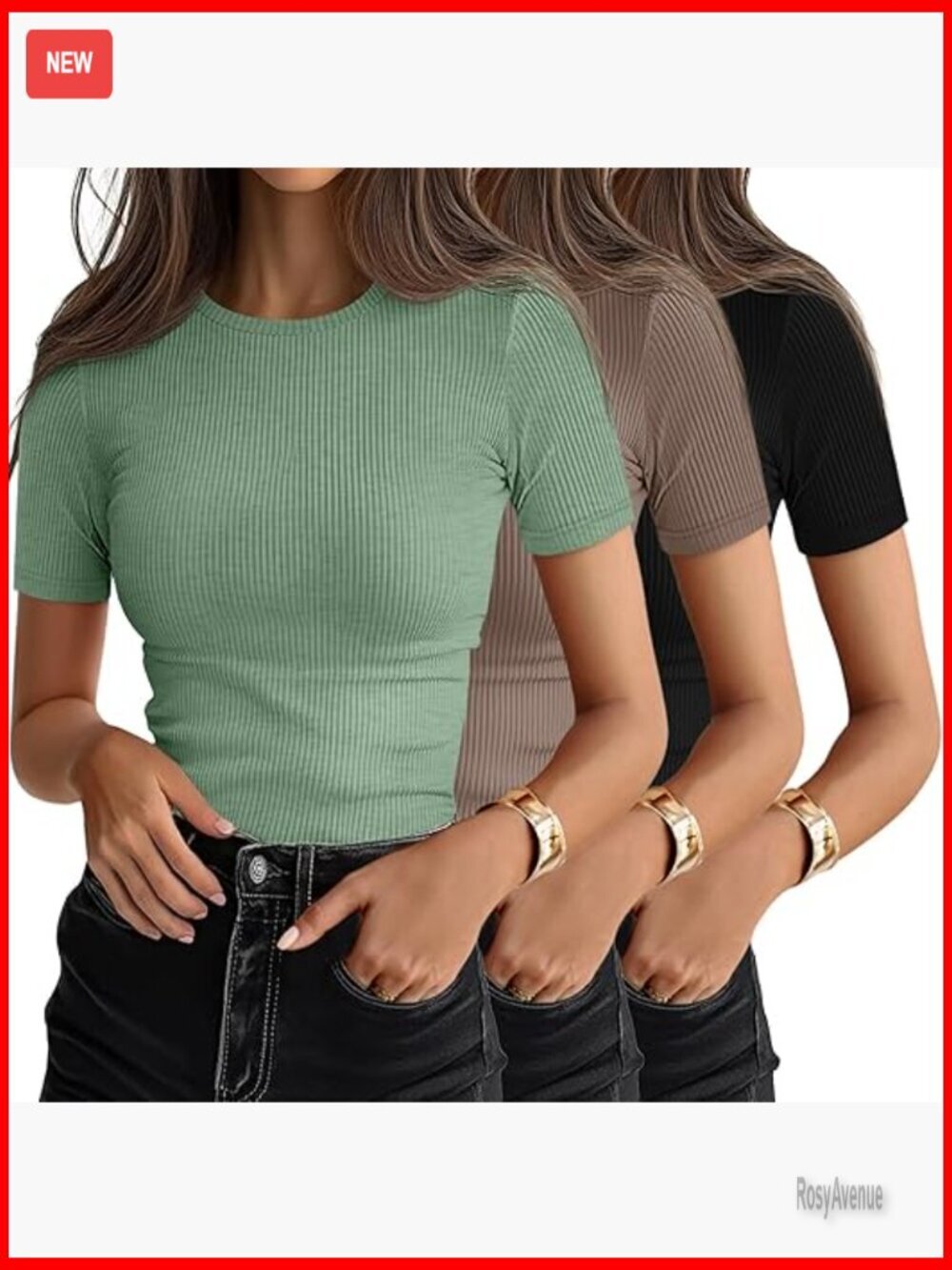 3 Pack Ribbed Cotton Short Sleeve Crew Neck Fitted T-Shirts